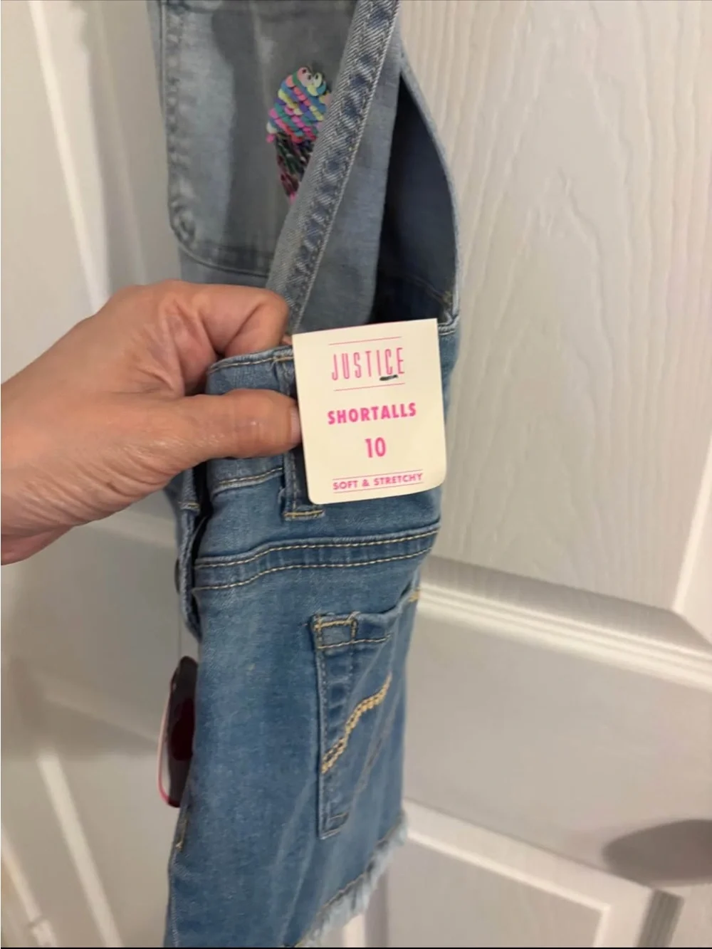 Justice Light Blue Denim Sequin Heart Short Overalls